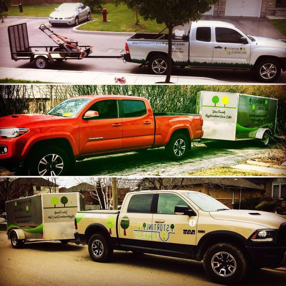 Three branded Stortini pickup trucks and trailers from over the years